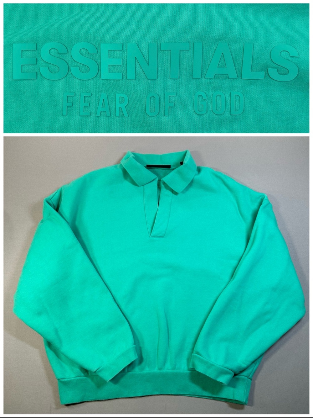 Fear of God Essentials Longsleeve Polo Sweatshirt, Mint Leaf - Unisex Medium